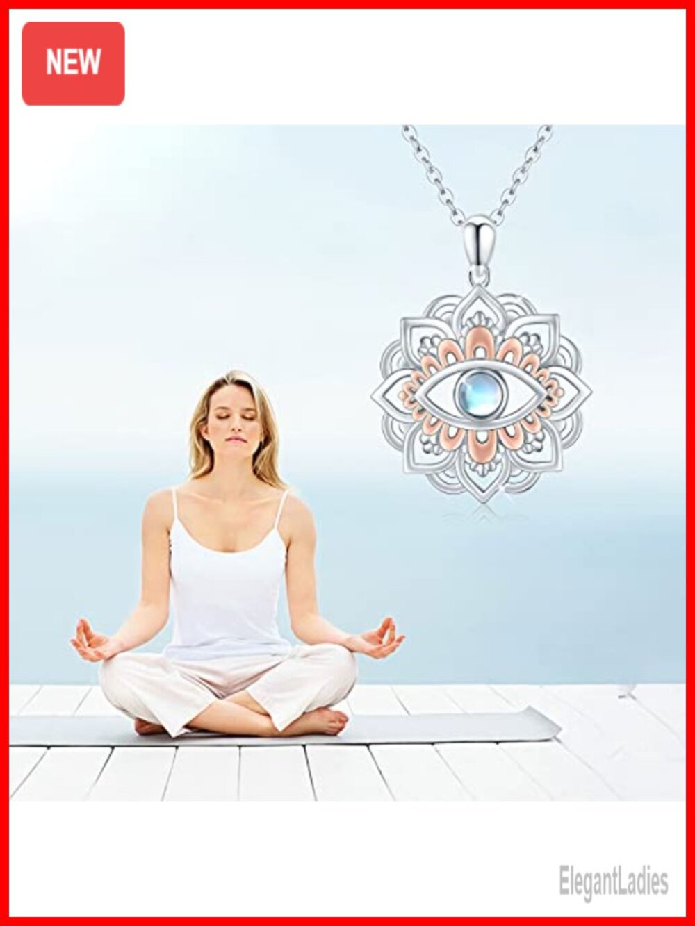 925 Sterling Silver Lotus Flower Pendant Necklace Moonstone Yoga Necklace - Picture 5 of 6